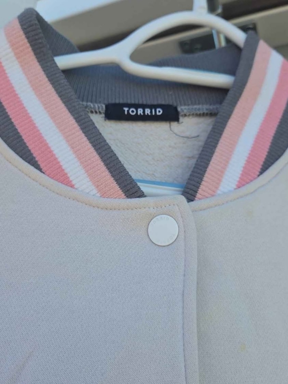 Torrid Cream Bomber Jacket with Pink & Gray Striped Ribbed Collar